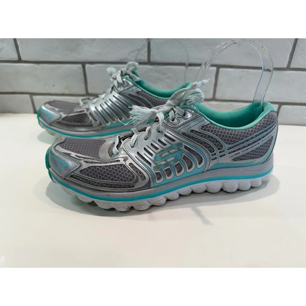 Skechers Ultra Cushioning System Sneakers Womens 9 Grey Silver Teal 12361‎ Y2K